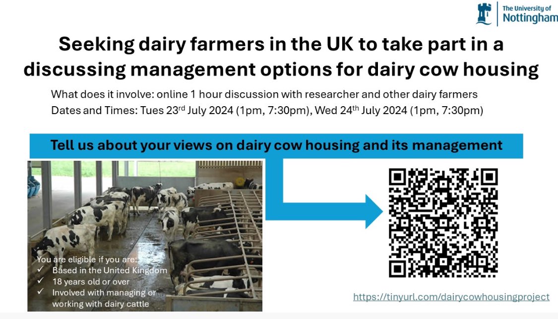 🐄Are you a dairy farmer in the UK? 🐄

If so, could you please spare us an hour of your time to join our discussions on managing dairy cow housing and implementing change? 

We really want to hear from you 🫵 
Involves: 1hr online chat

More info: tinyurl.com/dairycowhousin…
