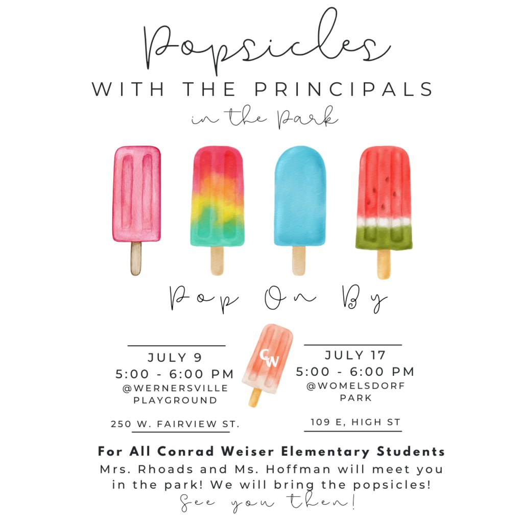 CWWestElem's tweet photo. โ
๏ธ ๐ง This month we will be holding two Popsicles with Principals events! We hope to see all of you there for a popsicle and some fun ๐คฉ #WeAreWeiser #PopsicleswithPrincipals https://t.co/p28m9wVTKW