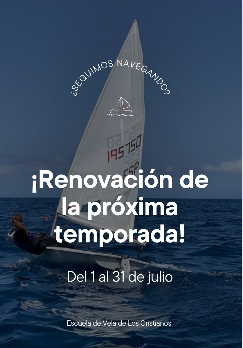 NavegantesArona's tweet photo. 📝 Abrimos el plazo de RENOVACIÓN para la próxima temporada.

📆 Del 1 al 31 de julio.

¡No te quedes sin tu plaza! 💙

#soynavegante https://t.co/YoGM3UchmI