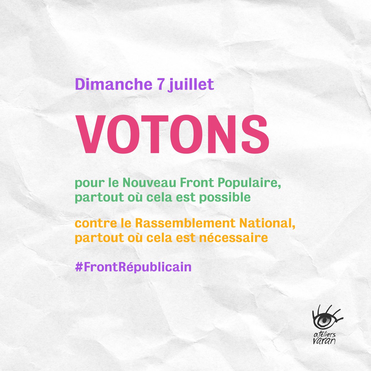 🗳️ Plus que jamais, chaque voix compte. Ce dimanche 7 juillet 2024, soyons au rendez-vous.

#culture #NouveauFrontPopulaire #FrontRepublicain #audiovisuel #documentaire #ElectionsLegislatives2024