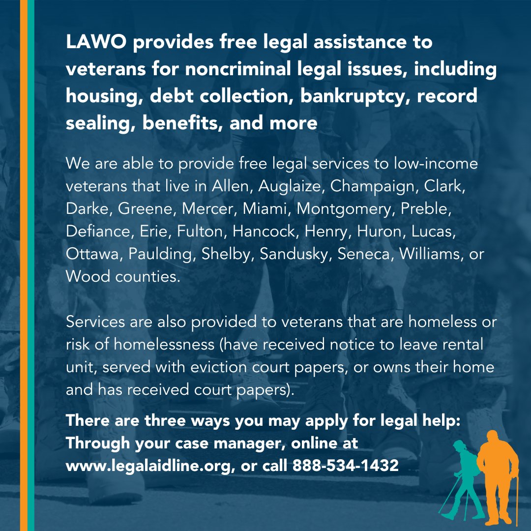 Did you know that LAWO provides free legal assistance to veterans for civil legal issues, such as housing, debt collection, bankruptcy, record sealing, benefits, and more? Give us a call at 888-534-1432 to see if you qualify.