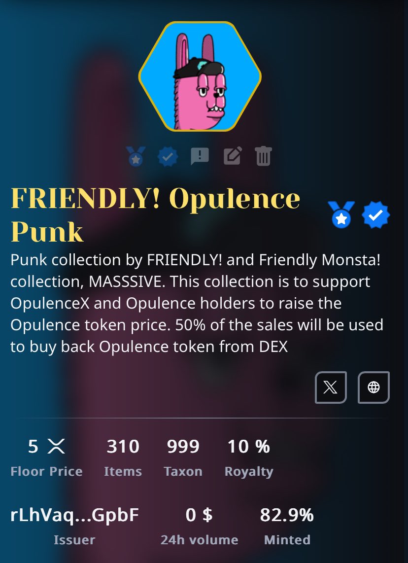 GM! Have you grabbed a punk today?

53 punks left! Weekly distribution and 200.000 $Opulence raffle are waiting for you!

#XRPCommunity #XRP has #NFTs 

x.com/xfriendlymonst…