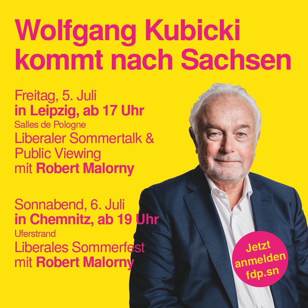 fdpsachsen's tweet photo. Der @KubickiWo kommt nach #Sachsen! 🎉 Und ihr könnt dabei sein: am 5. Juli zum Sommertalk in #Leipzig und am 6. Juli zum Liberalen Sommerfest in #Chemnitz. Alle Infos sowie die Anmeldung findet ihr unter 👉 https://t.co/UGHDEAoKzj
Wir freuen uns auf euch! 💛 https://t.co/Di5rT32Dv9