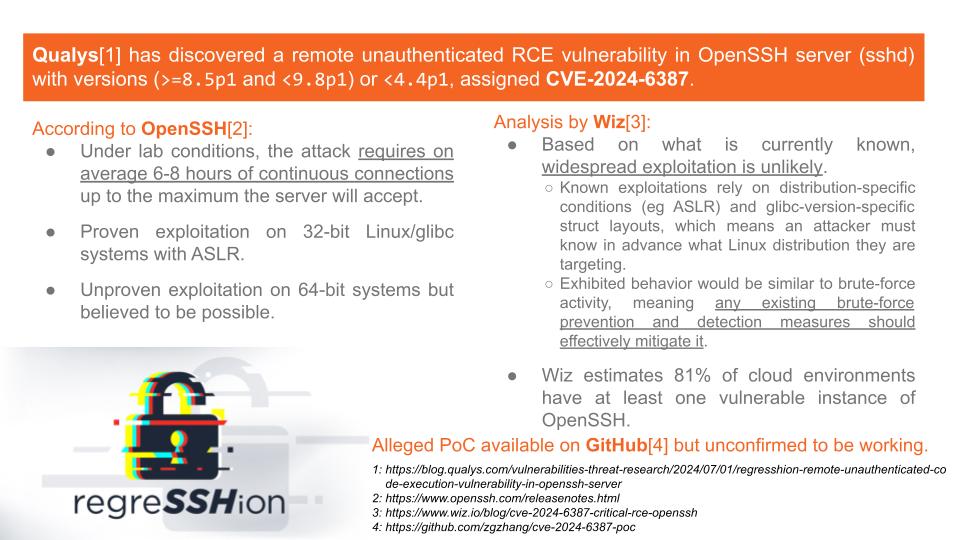 1: https://blog.qualys.com/vulnerabilities-threat-research/2024/07/01/regresshion-remote-unauthenticated-code-execution-vulnerability-in-openssh-server
2: https://www.openssh.com/releasenotes.html
3: https://www.wiz.io/blog/cve-2024-6387-critical-rce-openssh
4: https://github.com/zgzhang/cve-2024-6387-poc