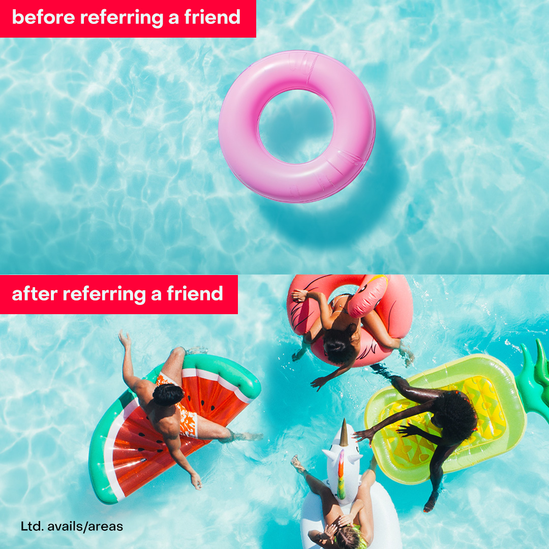 FrontierCorp's tweet photo. A pool party by yourself isn't really a party. Refer your friends to Frontier and you'll ALL get paid. Now let's get this party started 🎉💰https://t.co/pz3KUU9UaF 
#ReferAFriend
#FrontierInternet https://t.co/8a1pzrnaIU