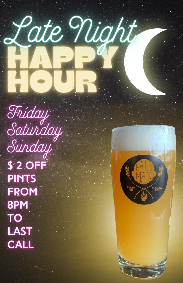 Join us at Bald Man Brewing for Late Night Happy Hour most Fridays, Saturdays, and Sundays**! 
From 8pm until last call, enjoy special deals on your favorite brews. Cheers to good times and great beer!

 **Excludes music or event nights: baldmanbrewing.com/events