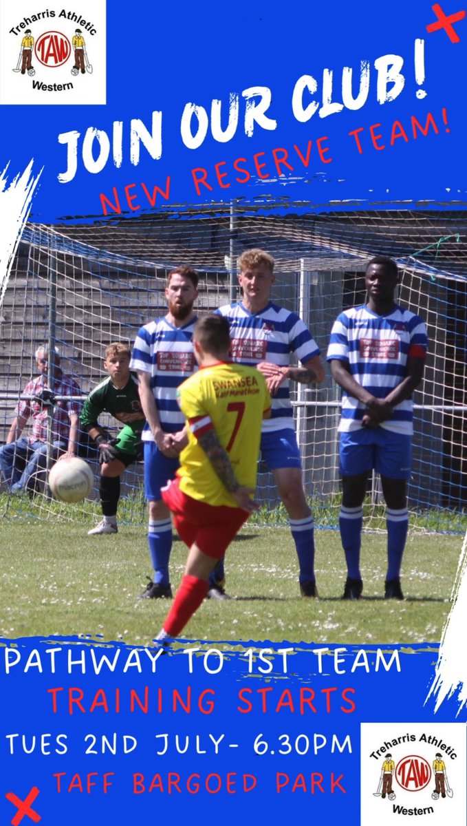 Training starts tomorrow for our new reserve team! 

All players welcome! 

Clear pathway to the first team too, great opportunity to develop and be a part of the oldest club in South Wales 👌🏼⚽️