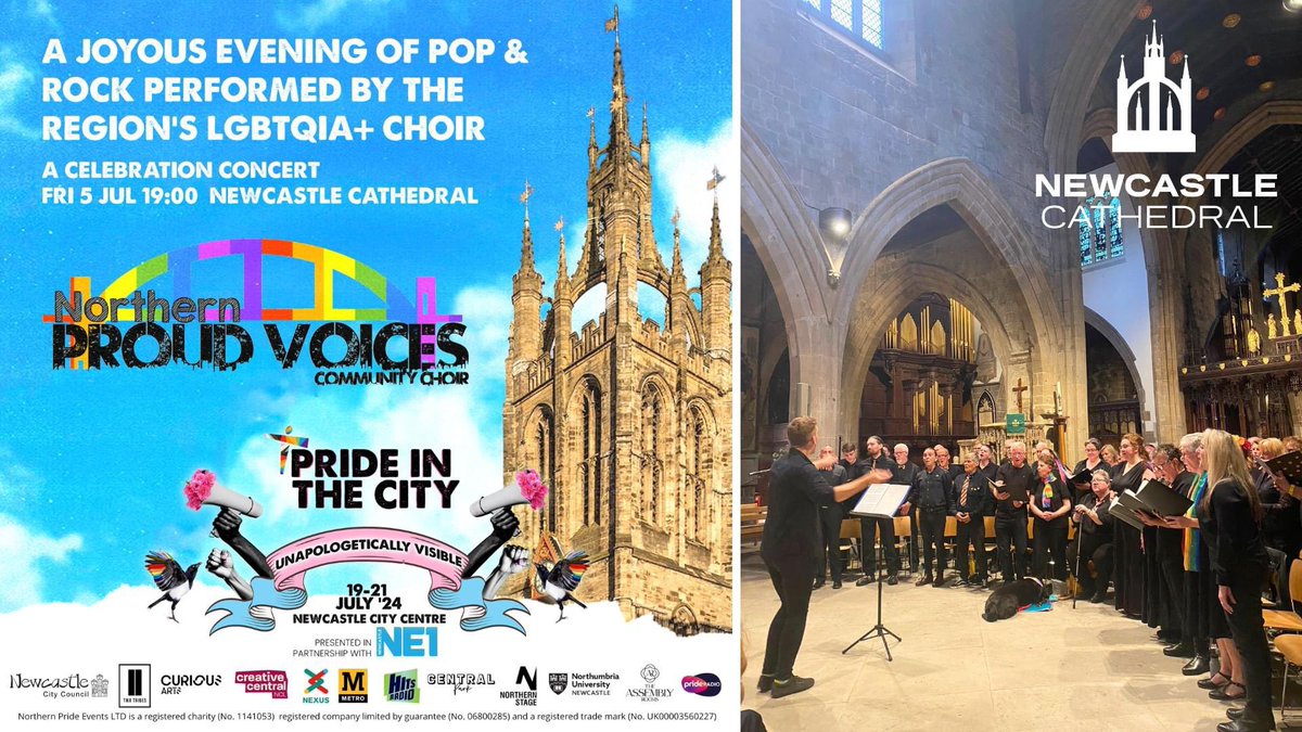 Newcastle Cathedral (@nclcathedral) on Twitter photo This Friday, 5 July, join us for our second annual concert from <a href="/NernProudVoices/">NorthernProudVoices</a> – an official ‘Satellite Event’ of this year’s <a href="/northernprideuk/">Northern Pride</a>, which will be taking over the city this July. 🎶🎉 Tickets are available on a 'Give As You Feel' basis via ticketsource.co.uk/newcastle-cath…. This Friday, 5 July, join us for our second annual concert from <a href="/NernProudVoices/">NorthernProudVoices</a> – an official ‘Satellite Event’ of this year’s <a href="/northernprideuk/">Northern Pride</a>, which will be taking over the city this July. 🎶🎉 Tickets are available on a 'Give As You Feel' basis via ticketsource.co.uk/newcastle-cath….