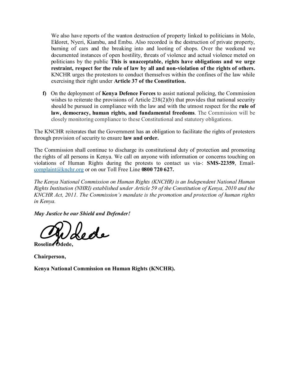 Data from <a href="/HakiKNCHR/">KNCHR</a> 's records indicates that 39 people have
died &amp; 361 injured in relation to the protests countrywide. 

This is the fourth report that KNCHR is issuing to the public on 
the Status of Human Rights in the ensuing protests.
(Read more)