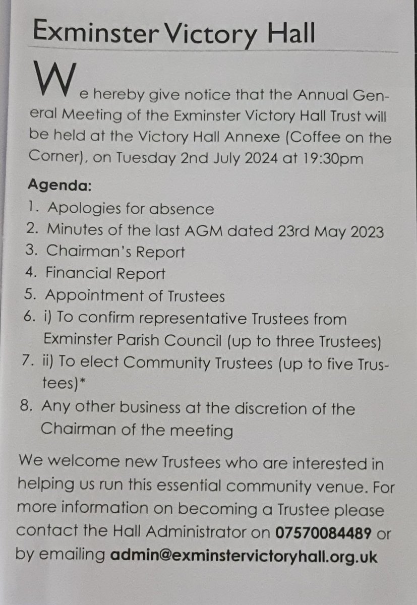 Come to our AGM tomorrow Tuesday and find out about your lovely community hall! 
#Exminster