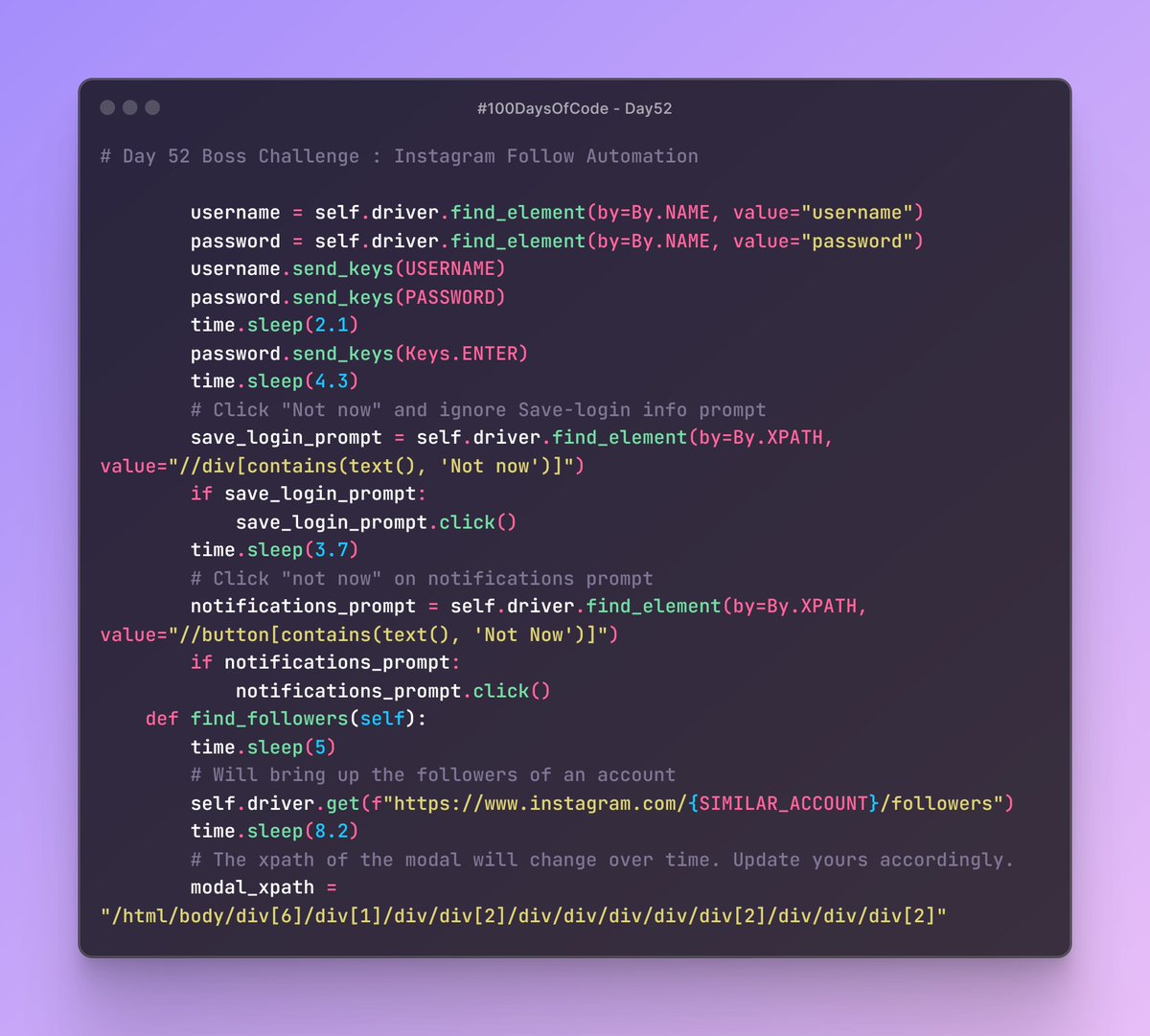 Birendra_Tech's tweet photo. 🚀 Day 52 of #100DaysOfCode! Built an Instagram Follow Automation Program that follows the followers of a targeted account. 📸🤖 #WebAutomation #Python #Selenium #CodingJourney #Day52 #100DaysOfCode https://t.co/uiNTRSVoTx