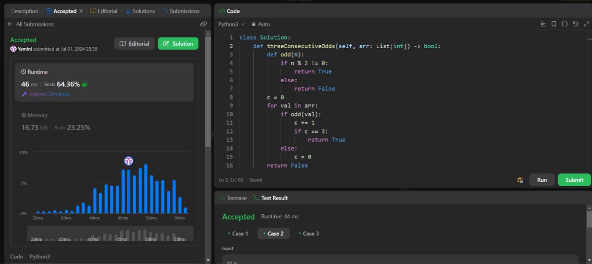 YaminiVJ20's tweet image. Day 22 #30daysofcodingchallenge
Today&apos;s leetcode que:
-1550. Three Consecutive Odds
an array que with 
TC - O(n) 
SC - O(1)
#Python #coding #dsa #array