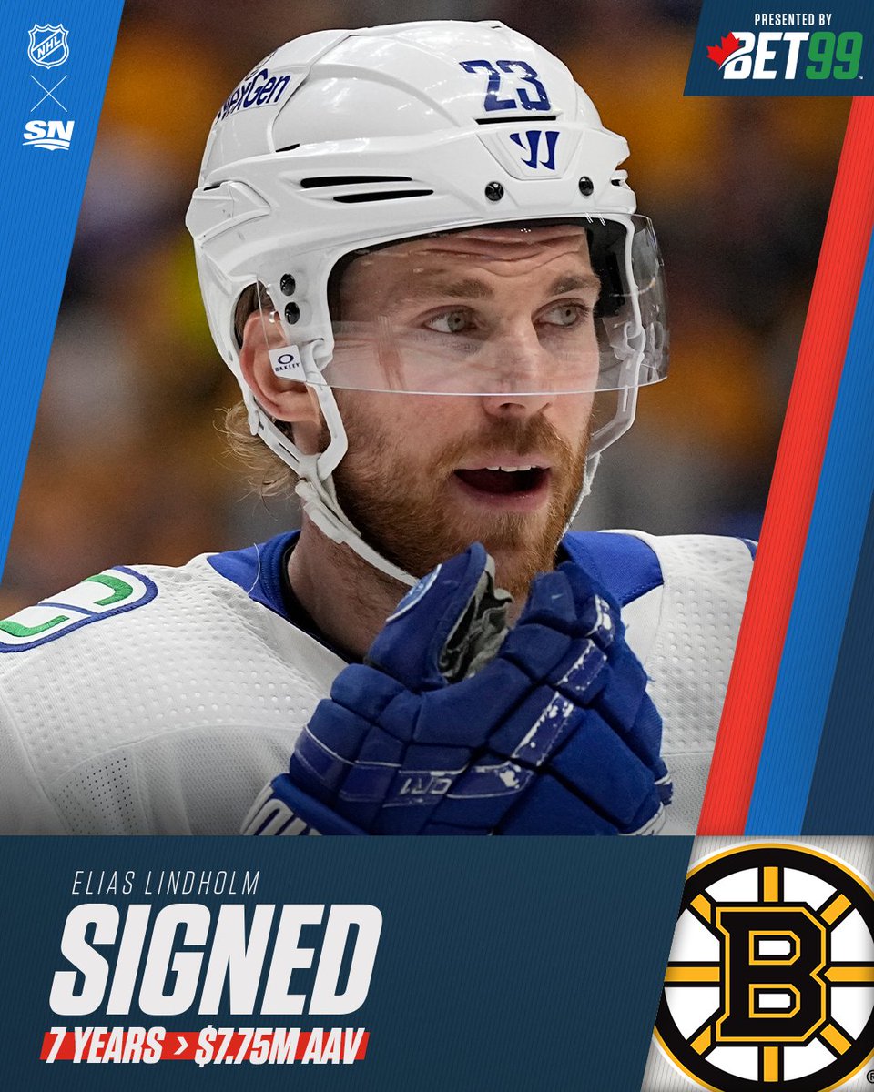 Sportsnet's tweet photo. Elias Lindholm's heading to Boston on a seven-year, $54.25M deal, per @FriedgeHNIC. ✍️

#NHLFreeAgency | @BET99ON https://t.co/0ihHUVgBeA