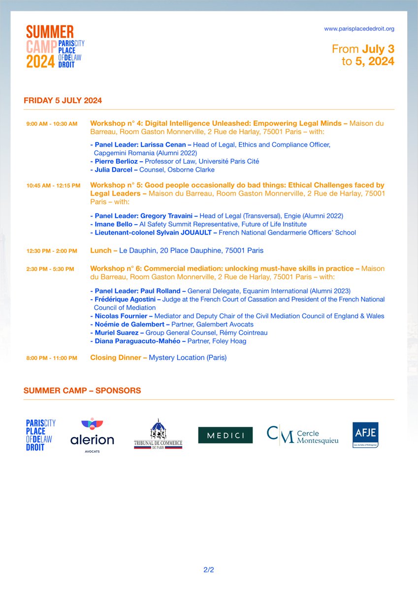 🌞🎉 Excited to Announce Our Summer Camp 2024 Workshops Programme! 

Here's a sneak peek into our exciting lineup, taking place from 3 to 5 July 👇

#Law #Pariscityoflaw #Summercamp #International