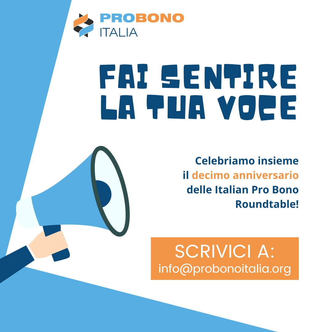 🎉 Celebriamo insieme il 10° anniversario delle Italian Pro Bono Roundtable! 
Se hai usufruito dei nostri servizi, partecipato a un nostro evento o collaborato con noi, saremmo felici di ricevere un Tuo feedback.

Scrivi a info@probonoitalia.org. La tua testimonianza è preziosa!