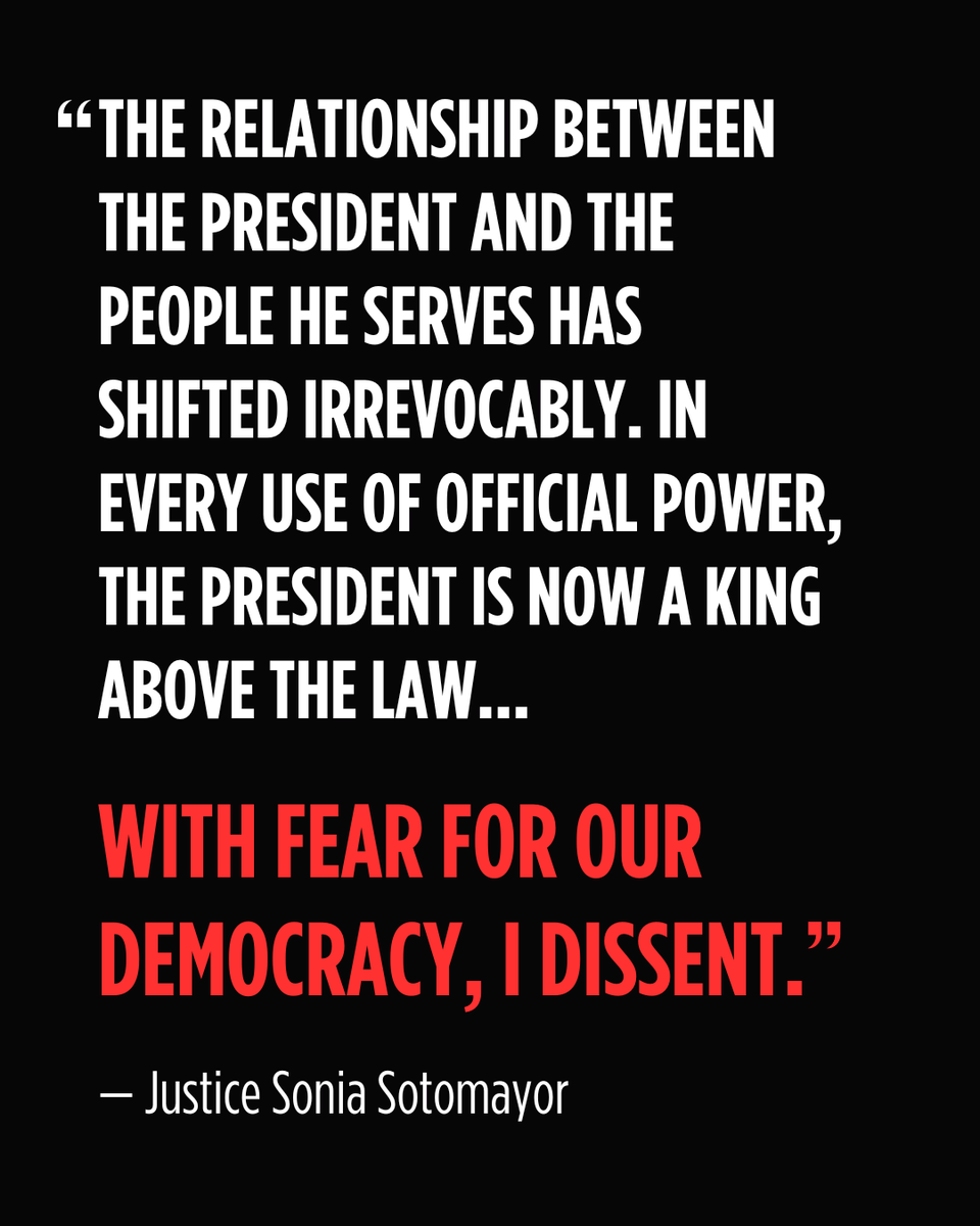 SenGillibrand's tweet photo. Justice Sotomayor's dissent should be a warning to every single American.

We are a nation founded on the idea that no one is above the law, not even the president. But this MAGA SCOTUS refuses to hold Donald Trump accountable for his actions to undermine our democracy. https://t.co/sjt2YTaPEG