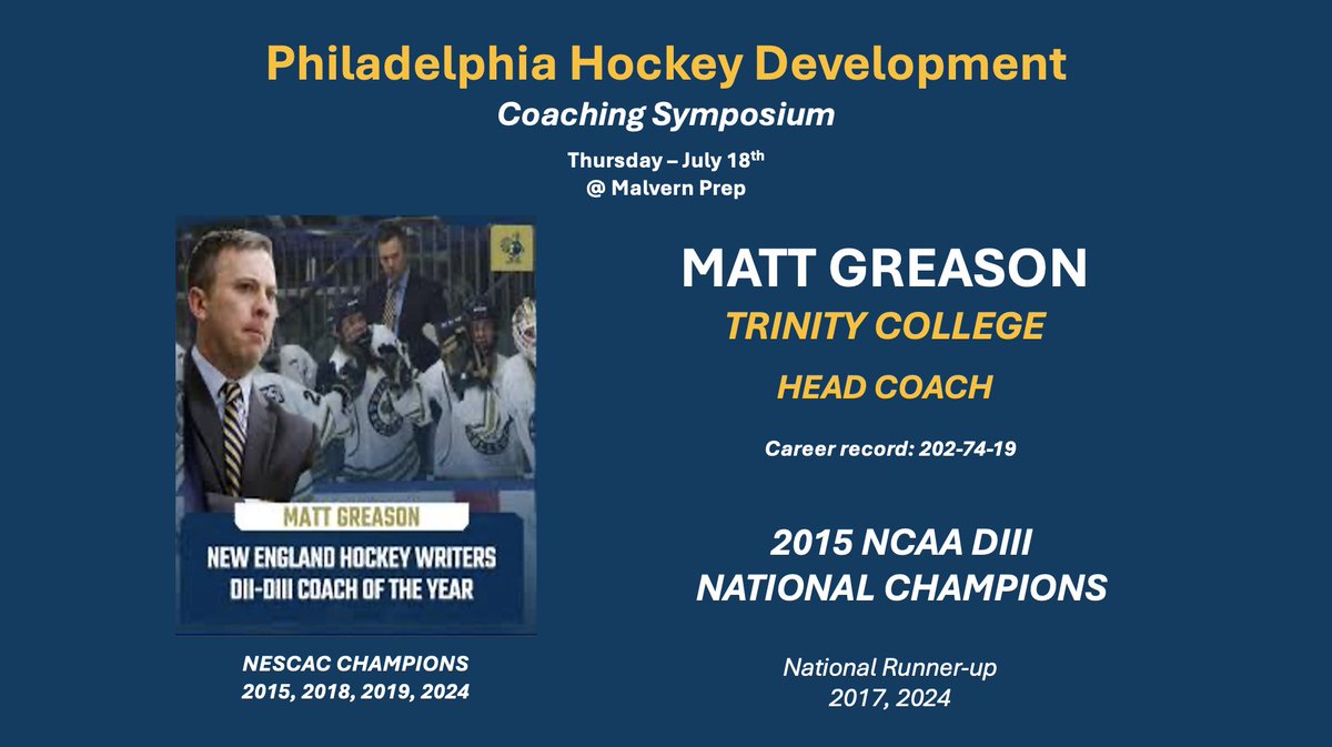 Philadelphia Hockey Development (@philahockeydev) on Twitter photo Speaker Announcement!
Trinity College Head Coach <a href="/mattgreason14/">mattgreason</a>
July 18th <a href="/MalvernPrep/">Malvern Prep</a>
Limited Space! Sign up today!
bit.ly/3Rzs0ek Speaker Announcement!
Trinity College Head Coach <a href="/mattgreason14/">mattgreason</a>
July 18th <a href="/MalvernPrep/">Malvern Prep</a>
Limited Space! Sign up today!
bit.ly/3Rzs0ek