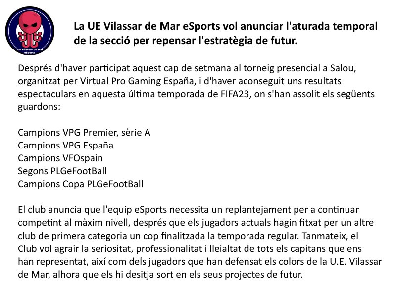 UEVdMeSports's tweet photo. 📣 Comunicat: La UE Vilassar de Mar #eSports vol anunciar l'aturada temporal de la secció per repensar la seva estratègia de futur. #GG https://t.co/a1ESDnfpOc