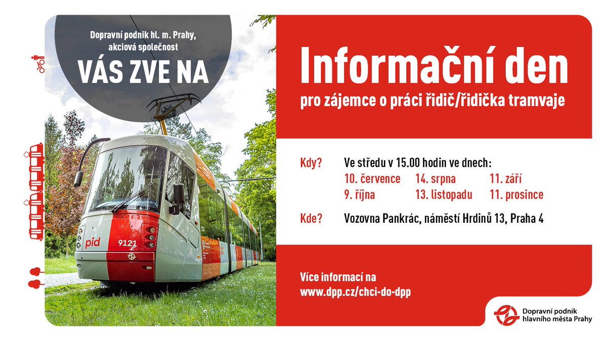 DPPOficialni's tweet photo. 🚋 INFORMAČNÍ DEN U TRAMVAJÍ | Chtěli byste se stát řidičem/řidičkou tramvaje? Přijďte zcela nezávazně na náš další informační den a zjistěte o této práci všechno, co vás napadne.

👉Nejbližším termínem je středa 10. července 2024 v 15:00 hodin.

Těšíme se na vás ve vozovně Pankrác. ▶️ https://t.co/5ohmmqMPKe