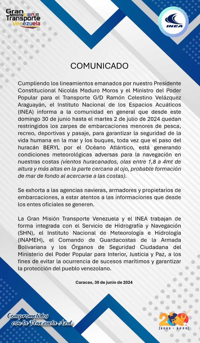 #30Jun #ComunicadoINEA

Se restringe el zarpe de embarcaciones menores de pesca, deportivas, recreo y pasaje en el oriente y centro del país hasta el 2Jul motivado a las condiciones meteorológicas que está generando el huracán BERYL en el Atlántico.