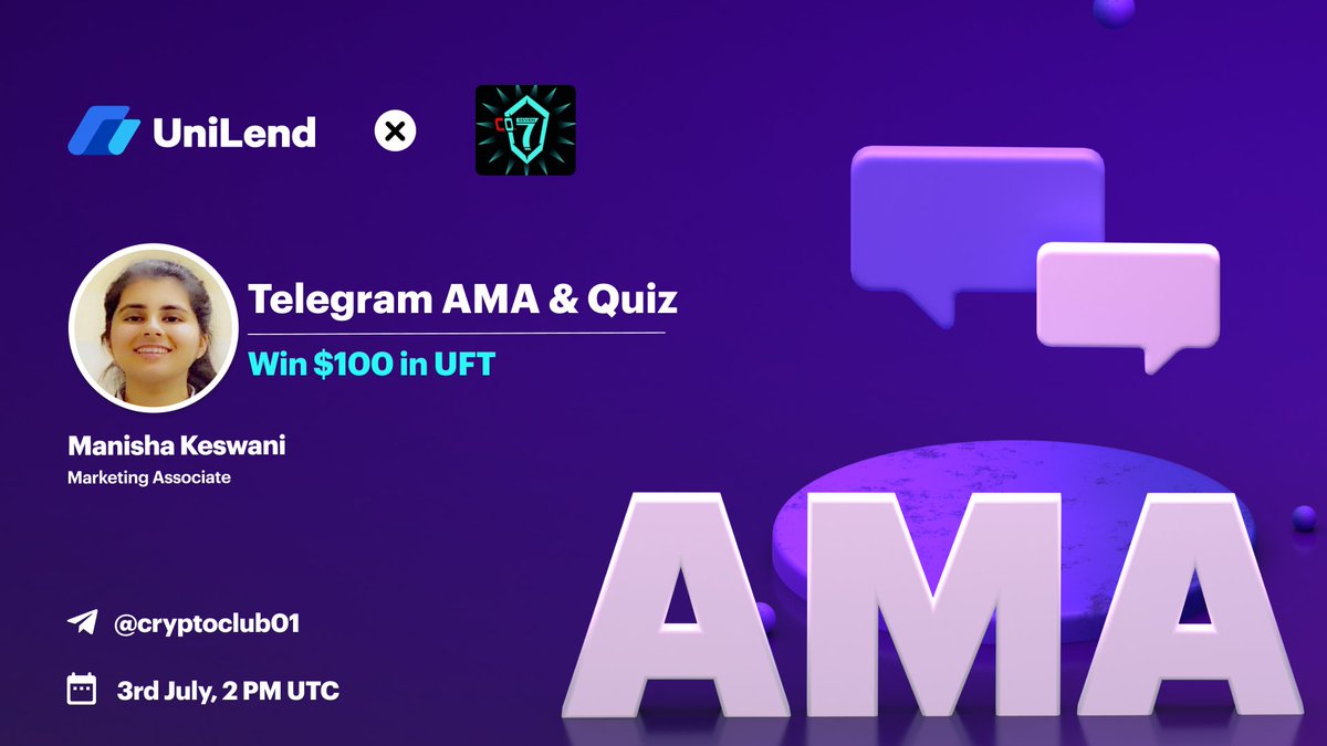 UniLend Finance (@unilend_finance) on Twitter photo 1/Tune In for LIVE TG AMA & #Quiz with <a href="/cryptocclub01/">CRYPTO 0. SEVEN</a> | Win $100 in #UFT ✨
💬<a href="/manisha_keswani/">Manisha Keswani</a> will chat about #UniLendV2, <a href="/NumaChain/">Numa Chain</a>, and future plans, followed by an engaging quiz!
🔹RT, Drop your questions
🔹Join: t.me/UniLendFinance
🔹Invite your 3 friends
📆3rd July, 1/Tune In for LIVE TG AMA & #Quiz with <a href="/cryptocclub01/">CRYPTO 0. SEVEN</a> | Win $100 in #UFT ✨
💬<a href="/manisha_keswani/">Manisha Keswani</a> will chat about #UniLendV2, <a href="/NumaChain/">Numa Chain</a>, and future plans, followed by an engaging quiz!
🔹RT, Drop your questions
🔹Join: t.me/UniLendFinance
🔹Invite your 3 friends
📆3rd July,