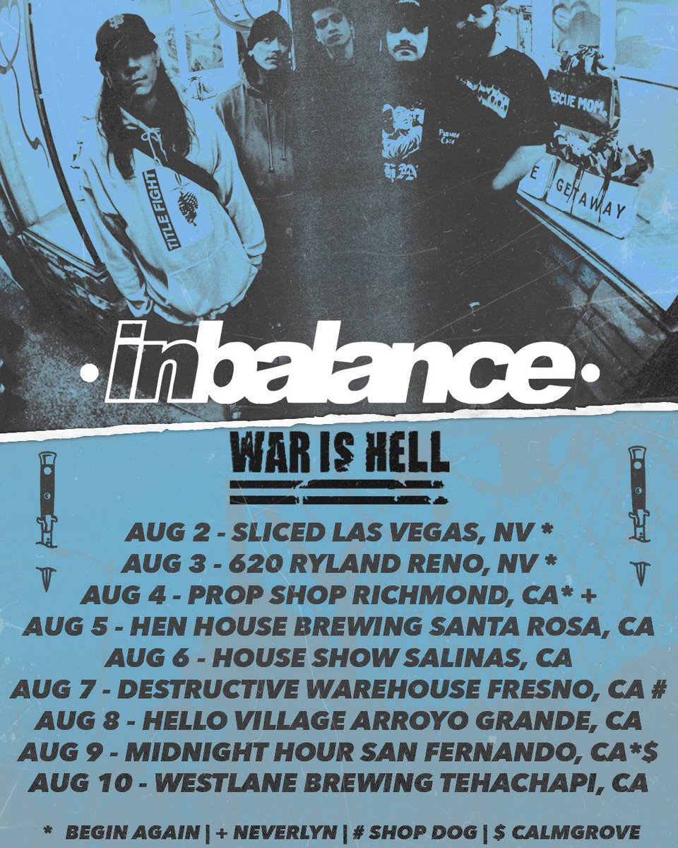 InBalanceCA's tweet image. Going on tour in August with War Is Hell and some friends joining along the way. If you live near any of these areas, slide through 👆🏼😎👉🏼 (marcel memes in the comments)