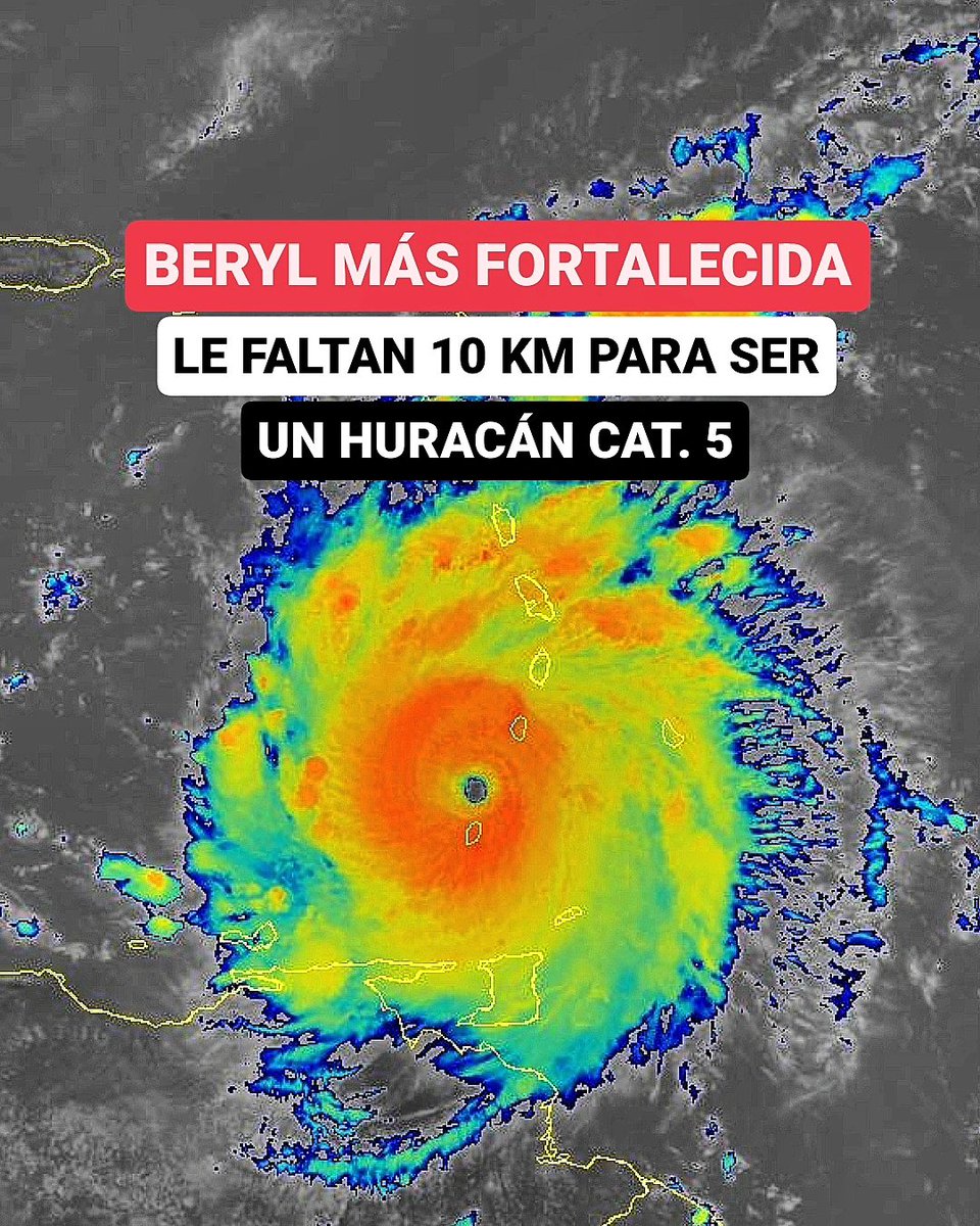 JeanSuriel's tweet image. 🔴ATENTOS🔴
Beryl se ha fortalecido más en las últimas horas y tan solo le faltan 10 kilómetros para convertirse en un extremo huracán categoría 5: actualmente lleva vientos máximos sostenidos de 240 km/h y ráfagas más fuertes.

🔴Debemos vigilar atentamente su evolución por…
