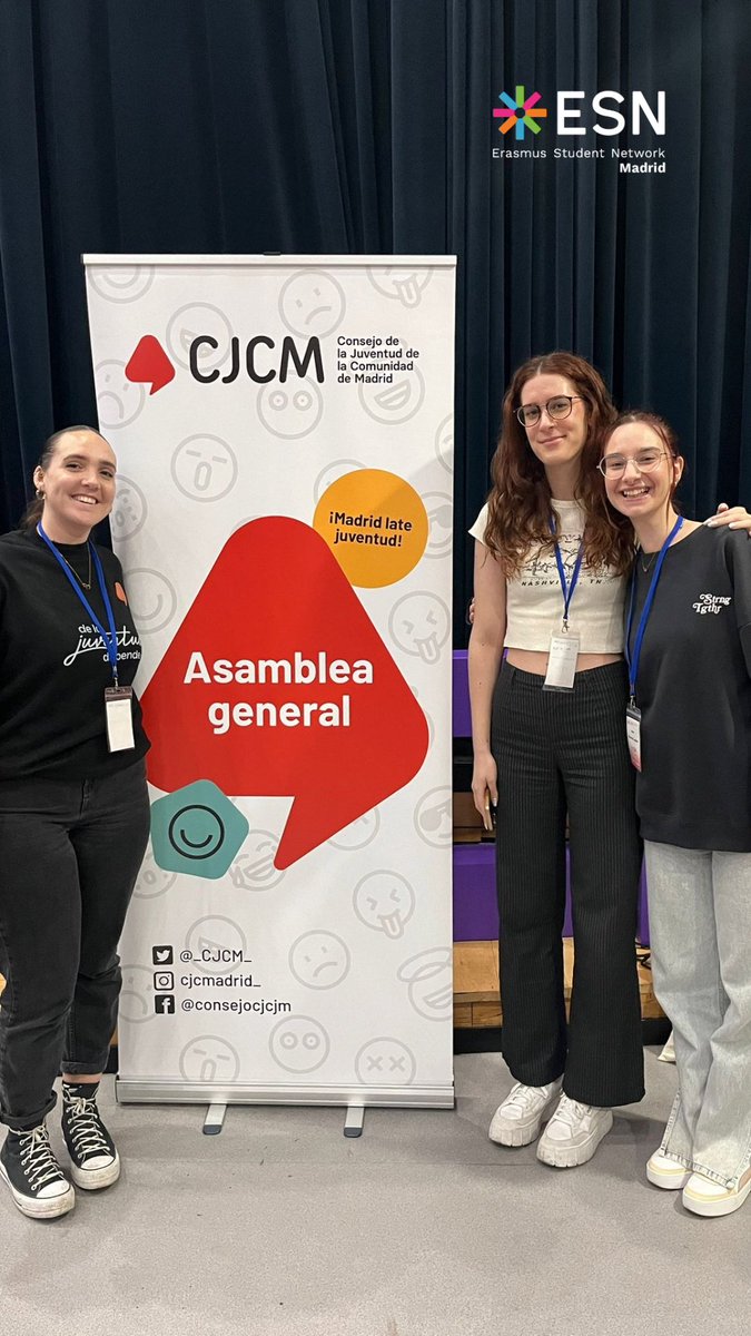 ESNMadrid's tweet photo. Ayer, representando a ESN Madrid en la Asamblea del @_CJCM_: Ada Peñalba Pomares, presidenta de ESN Madrid, Irene Mancebo Laguna de ESN URJC, y Carla Álvarez González, secretaria del CJCM. 🌟 #ESNMadrid #CJCM https://t.co/0Q7HDLAy4o