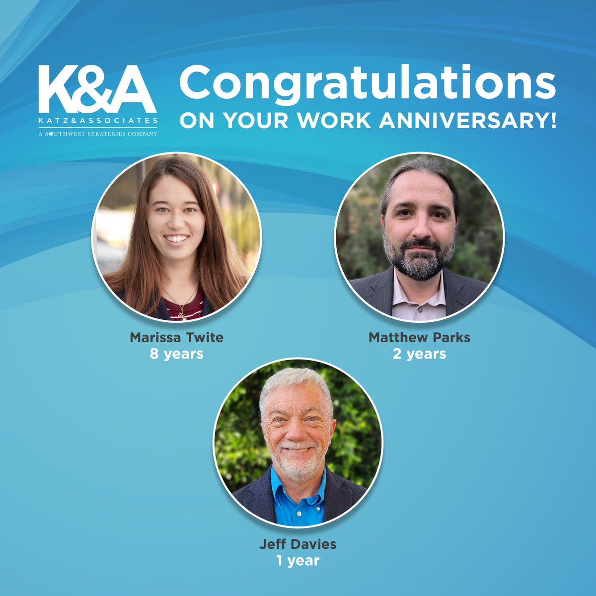 🌟 Join us in celebrating our July anniversaries! 🌟

Congratulations to our amazing team members.

🎉 Matthew Parks - 2 Years 
🎉 Marissa Twite - 8 Years 
🎉 Jeff Davies - 1 Year

Your dedication and hard work inspire us all. Thank you for being a vital part of the K&amp;A family!