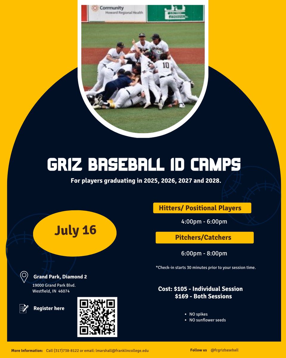 Jake Sprinkle (@jakesprinkle19) on Twitter photo We are hosting our first ID Camp on July 16th at Grand Park! This is a great opportunity to be seen by our coaching staff, follow the link below to register!
grizbaseballcamps.com
<a href="/FCGrizBaseball/">Coach Marshall</a> We are hosting our first ID Camp on July 16th at Grand Park! This is a great opportunity to be seen by our coaching staff, follow the link below to register!
grizbaseballcamps.com
<a href="/FCGrizBaseball/">Coach Marshall</a>