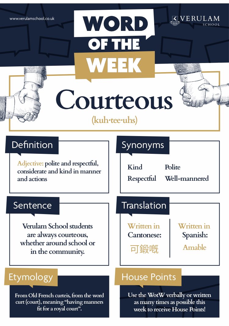 Verulam School students are always courteous, whether around school or in the community. The Word of the Week at <a href="/verulamschool/">Verulam School</a> wb 1st July = Courteous. #wordoftheweek #WOTW #literacy