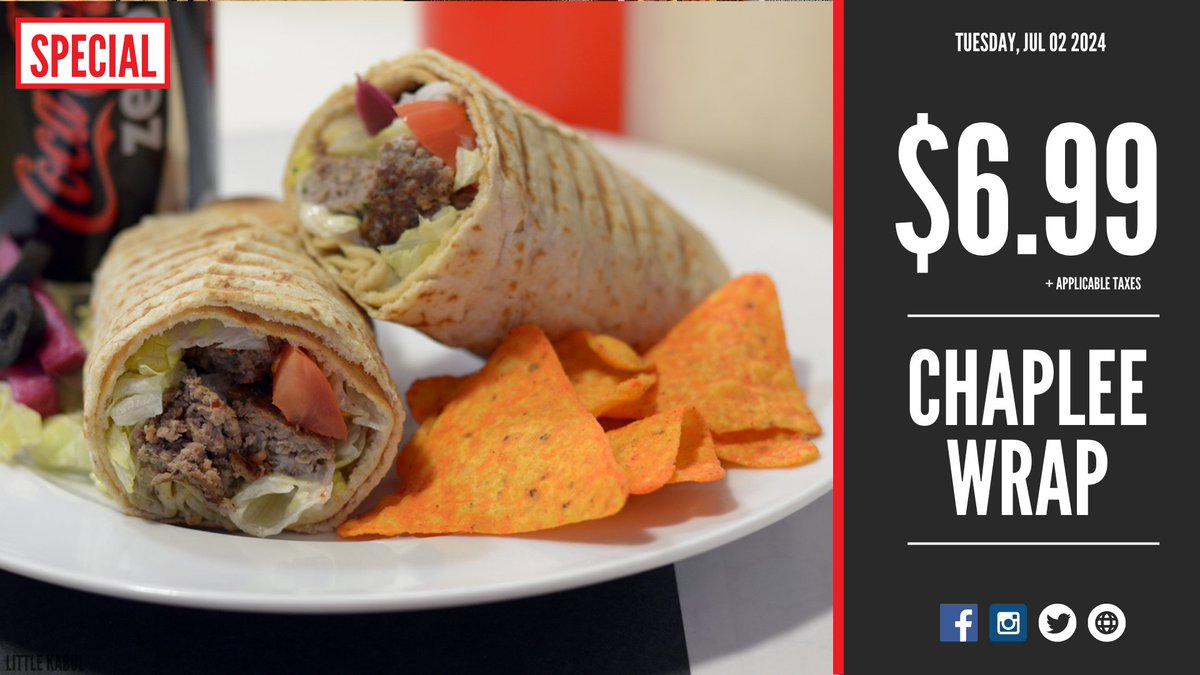 LittleKabulfood's tweet photo. Chaplee Kabob Wrap on special for $6.99 📣 Only available Tuesday, July 2nd, 2024. Visit https://t.co/wNoukWI0qg for more! https://t.co/kDVPBkESdR