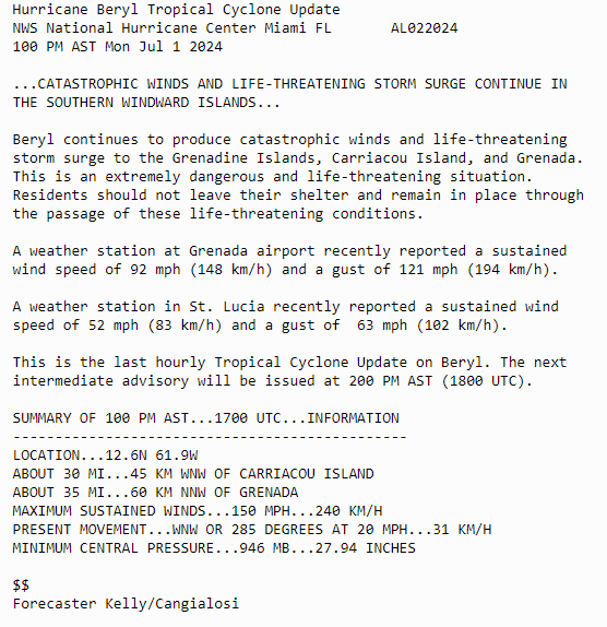 NHC_Atlantic's tweet photo. 100 PM AST Jul 1 Position Update: Catastrophic winds and life-threatening storm surge continue in the southern Windward Islands. This is the last hourly Tropical Cyclone Update on #Beryl The next intermediate advisory will be at 200PM AST. For the latest visit https://t.co/Wq6ZtKgfeH