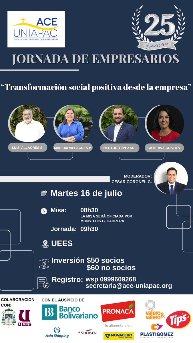 ACE-Uniapac (@aceuniapac) on Twitter photo JORNADA DE EMPRESARIOS
Martes 16 de julio de 2024
Un espacio de encuentro de empresarios que se esfuerzan en seguir su noble vocación empresarial basado en valores, teniendo en el centro a la persona y en el horizonte el bien común. JORNADA DE EMPRESARIOS
Martes 16 de julio de 2024
Un espacio de encuentro de empresarios que se esfuerzan en seguir su noble vocación empresarial basado en valores, teniendo en el centro a la persona y en el horizonte el bien común.