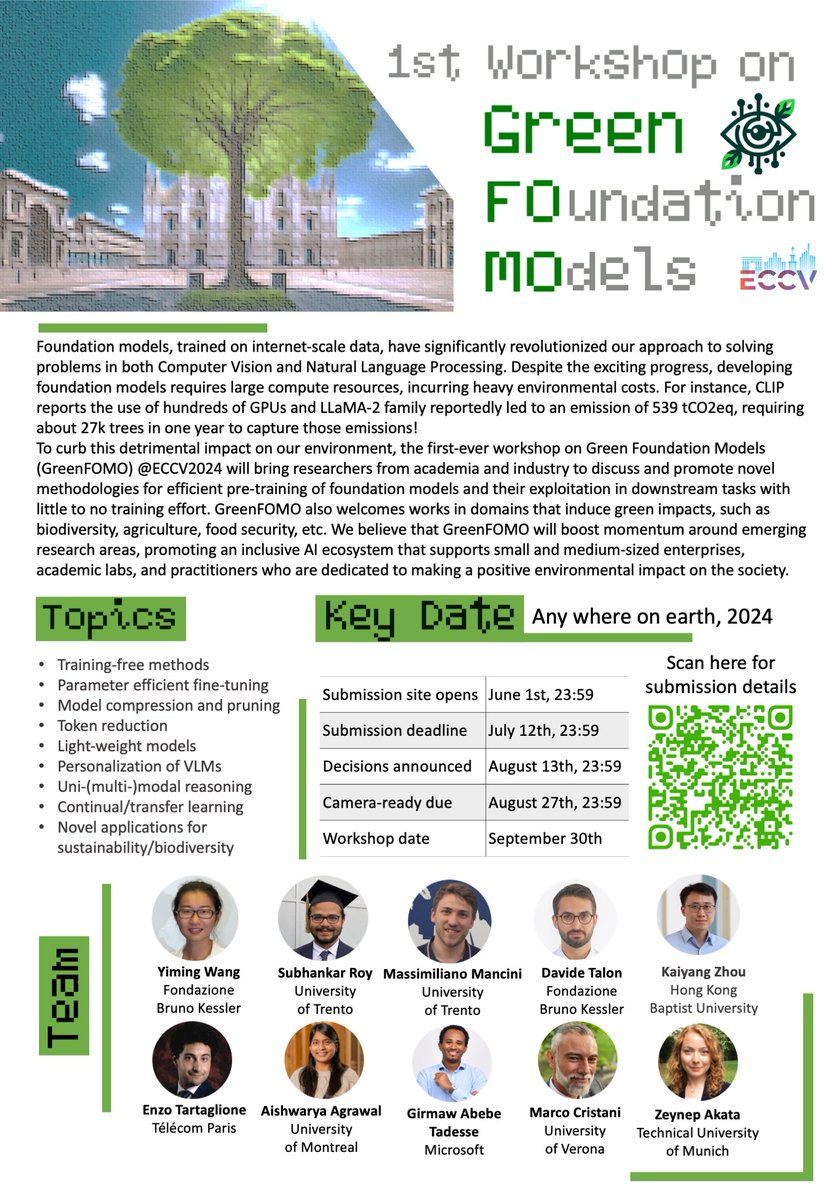 🚨There is still time to submit your work to #ECCV2024 workshop on Green Foundation Models. Join us in our efforts to make CV greener. ♻️

Submission deadline is 12th July. ⏳

More details can be found on our webpage green-fomo.github.io/ECCV2024/