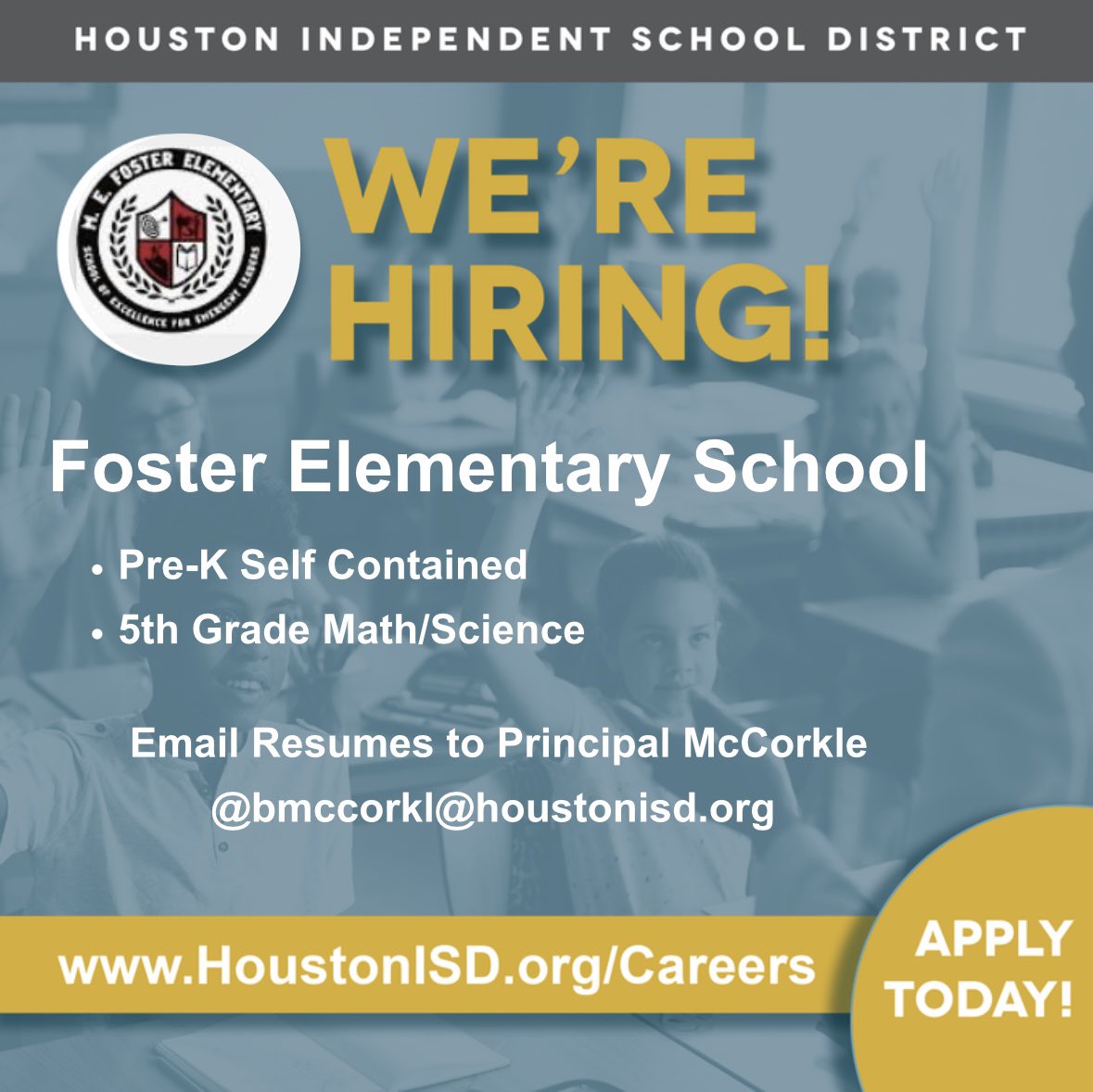 Principal McCorkle M.Ed (@mccorklems) on Twitter photo Come join the Bear Cub team of excellence! I’m looking for a certified Pre-K teacher and 5th Grade Math/Science teacher to complete our team. We are located in South Union area near Yates HS. Email resumes and certifications to me bmccorkl@houstonisd.org Come join the Bear Cub team of excellence! I’m looking for a certified Pre-K teacher and 5th Grade Math/Science teacher to complete our team. We are located in South Union area near Yates HS. Email resumes and certifications to me bmccorkl@houstonisd.org
