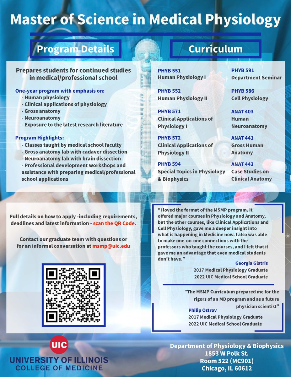 Deadline Fast Approaching!!! 

Apply for the <a href="/UICPhysiology/">UIC Physiology</a> Master of Science in Medical Physiology (MSMP) program.        

The MSMP program prepares students for continued studies in medical/professional school.         

Domestic deadline: July 15th, 2024