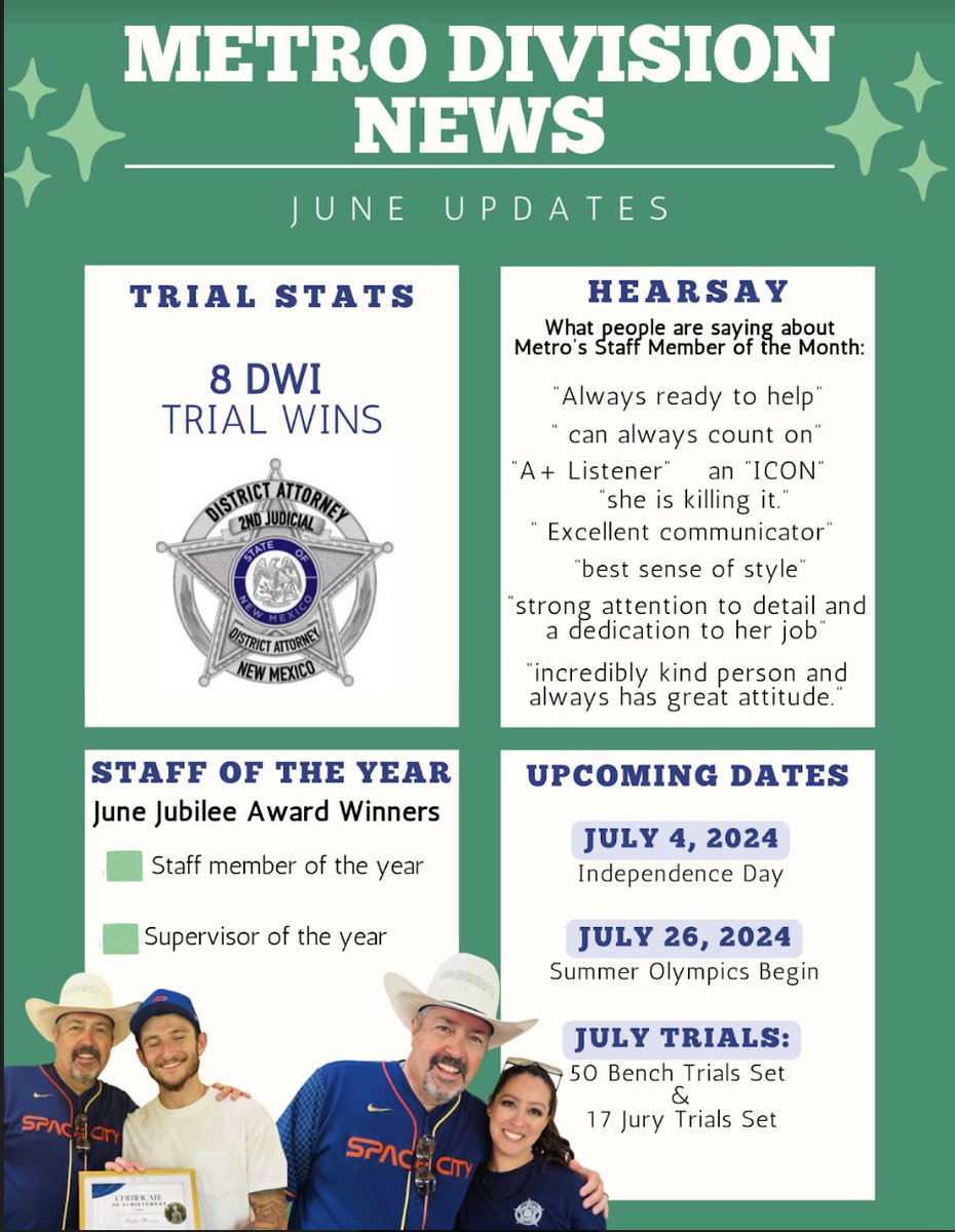 BerncoDa's tweet photo. Here is what our prosecutors & staff in our Metropolitan Court Division were up to in June & what's coming up this month.....
#MetropolitanCourt #ProsecutorsLife #LegalTeam #LegalCommunity https://t.co/qqGKNDDI1M
