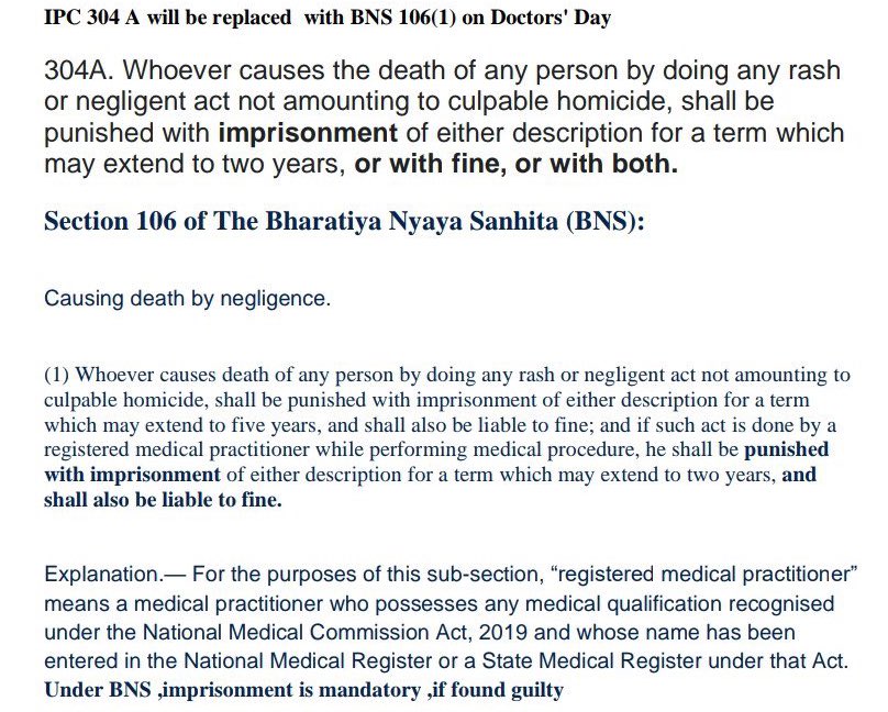 Every Doctor in the Country should know the new laws for us implemented on Doctors day under Bharatiya Nyay Sanhita (BNS)

If any negligence occurs while performing any medical procedure then based on intent you will be liable for the damage in form of Imprisonment in jail for 2