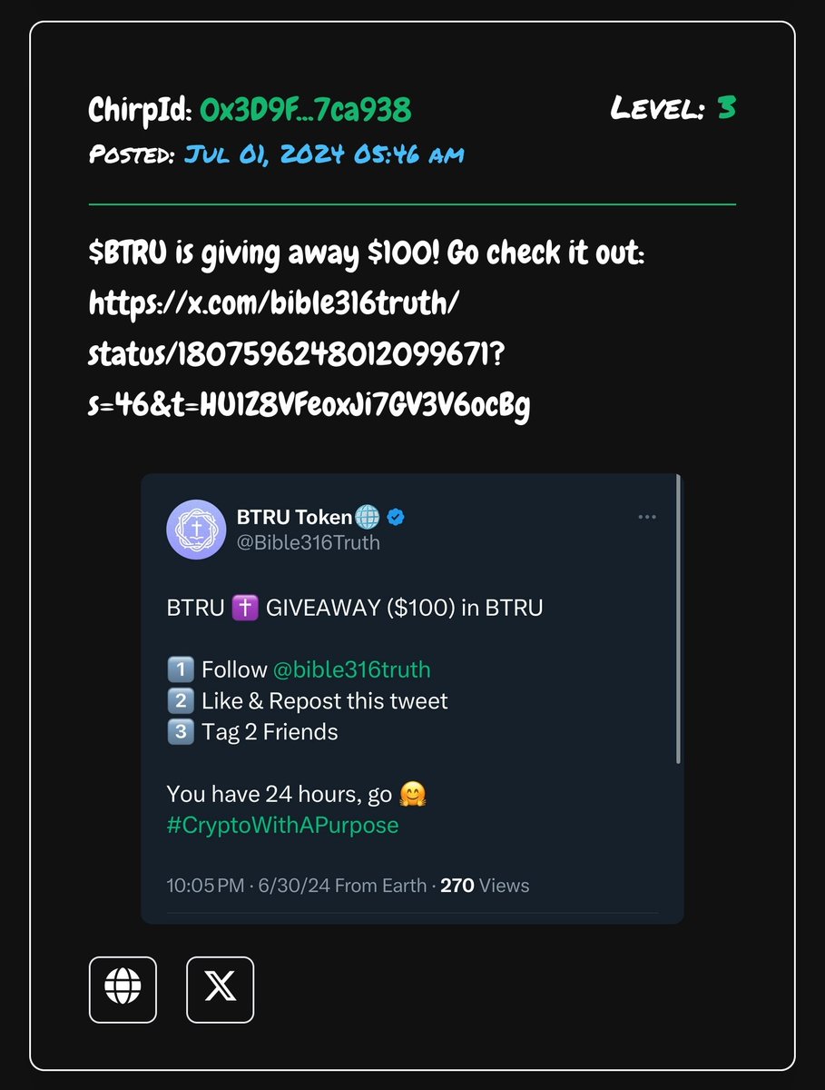 DecentralBros_'s tweet image. $BTRU 4️⃣✝️❤🌍 is on 🔥 over here with ChirpOn.
#CryptoWithAPurpose
@Bible316Truth