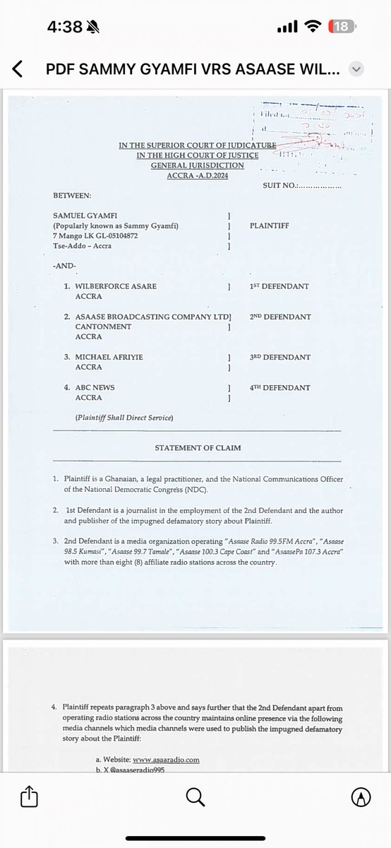 SammyGyamfi_'s tweet photo. As I indicated earlier today on @adomtv_Gh I have this afternoon filed a defamation suit against Asaase Radio, ABCNEWS, Wilberforce Asare and one Michael Afriyie over their false publications about my person. 

Looking forward to the defendants entering appearance upon service, filing their defence, joining issues and proving their claims in Court.
