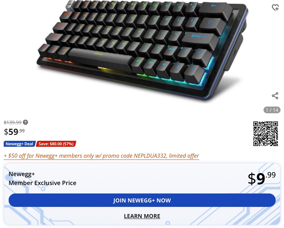 ⌨️ MOUNTAIN Everest 60 RGB Gaming Keyboard - 60% with Arrow Keys - Midnight Black(Tactile 55) now $9.99 via Newegg.

🤝 Must Be A Newegg+ Member! Free To Join!

✂️ Use code NEPLDUA332 at checkout

🔗 - bit.ly/4cMqNc3

#LRDeal | #AD