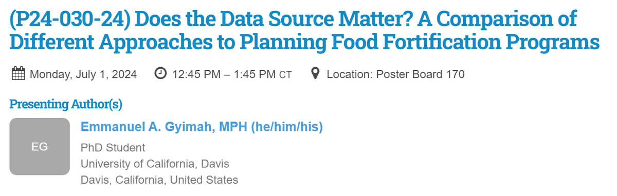 Colleagues in food fortification - check out Manny Gyimah's poster this afternoon on data sources for setting fortification levels. We would love your thoughts! #Nutrition2024