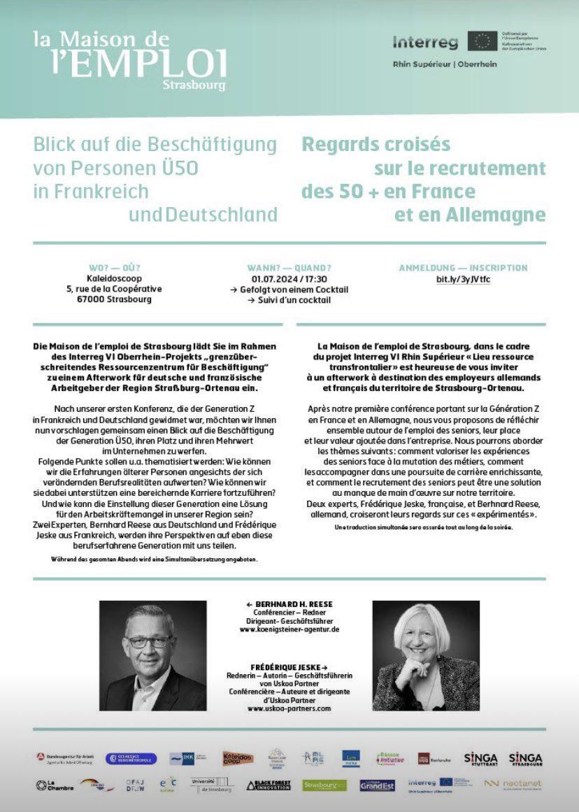 L’emploi des 50 ans et +, regards croisés transfrontaliers : c’est en ce moment à la <a href="/MDE_Strasbourg/">Maison de l'Emploi</a> avec plus de 60 managers et RH français et allemands 
#emploi #transfrontalier #senior #intergénérationnel #performance #inclusion