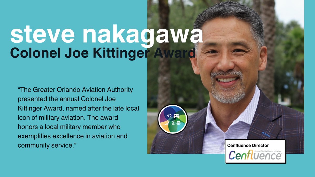 Cenfluence Director, Steve Nakagawa, was awarded the Colonel Joe Kittinger Award from the Greater Orlando Aviation Authority for his excellence in aviation &amp; community service. Snak's sense of service makes him a great leader for our team &amp; an asset to the community!