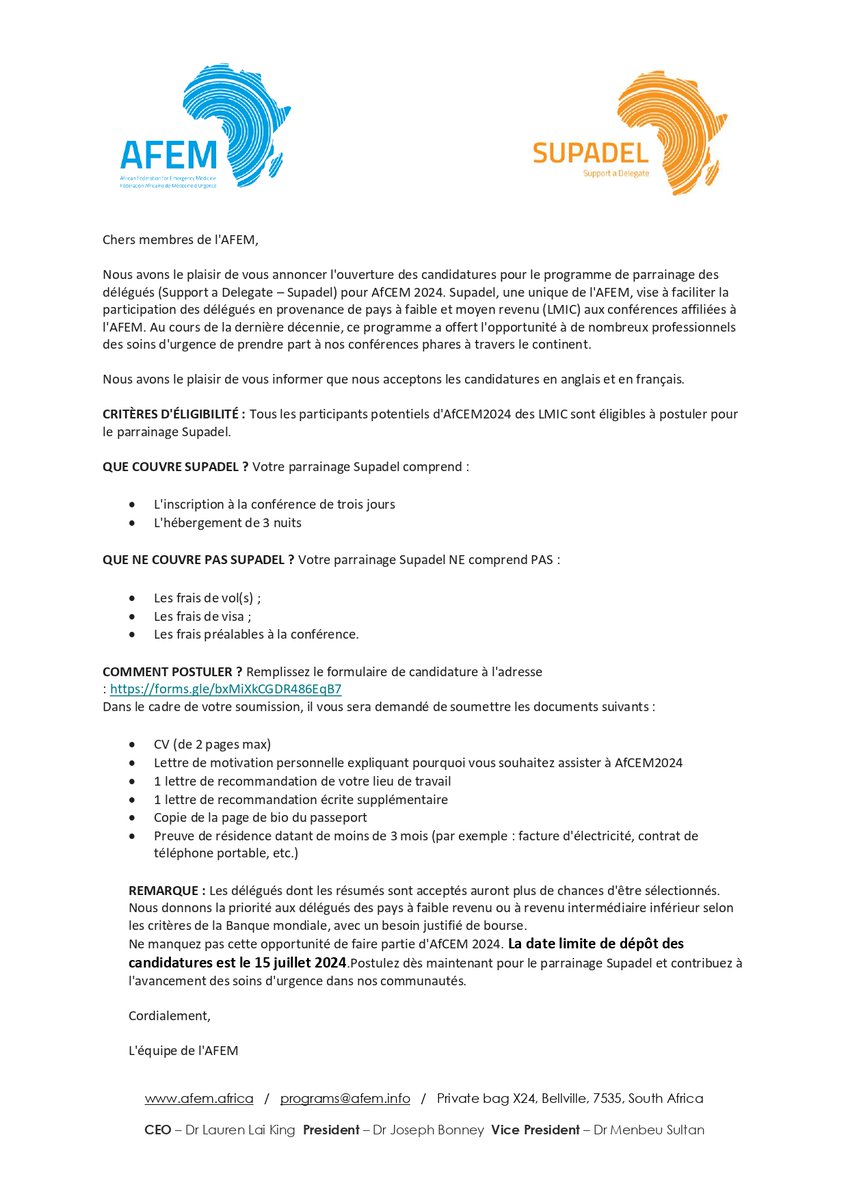 📢 Great news! The deadline for Supadel Sponsorship applications for #AfCEM2024 has been extended by 2 weeks to **15th July 2024**. Don't miss this chance to be part of this incredible event! <a href="/AfCEM_2024/">AfCEM2024</a> Apply now: forms.gle/bxMiXkCGDR486E… #EmergencyCare #AfCEM24