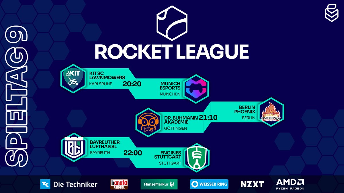 In #RL erwarten euch heute nur Banger Partien!

📺️twitch.tv/uniliga

⚔️<a href="/kitscesports/">KIT SC eSports</a> vs. <a href="/munich_esports/">Munich eSports e.V.</a>
⚔️<a href="/HNVR_Esports/">HNVR Esports</a> vs. <a href="/BerlinPhoenixRL/">Berlin Phoenix</a>
⚔️<a href="/esportubt/">E-Sport UBT e.V.</a> vs. <a href="/engines_stgt/">Engines Stuttgart e.V.</a>

🎥AnotherNoOne
🎙️<a href="/vel72027/">vel</a>, <a href="/th3other0ne/">FACEIT Juli4n</a>, <a href="/tiz_itis/">Tizian Bressem</a> &amp; <a href="/CraftyMoustache/">Crafty</a>
