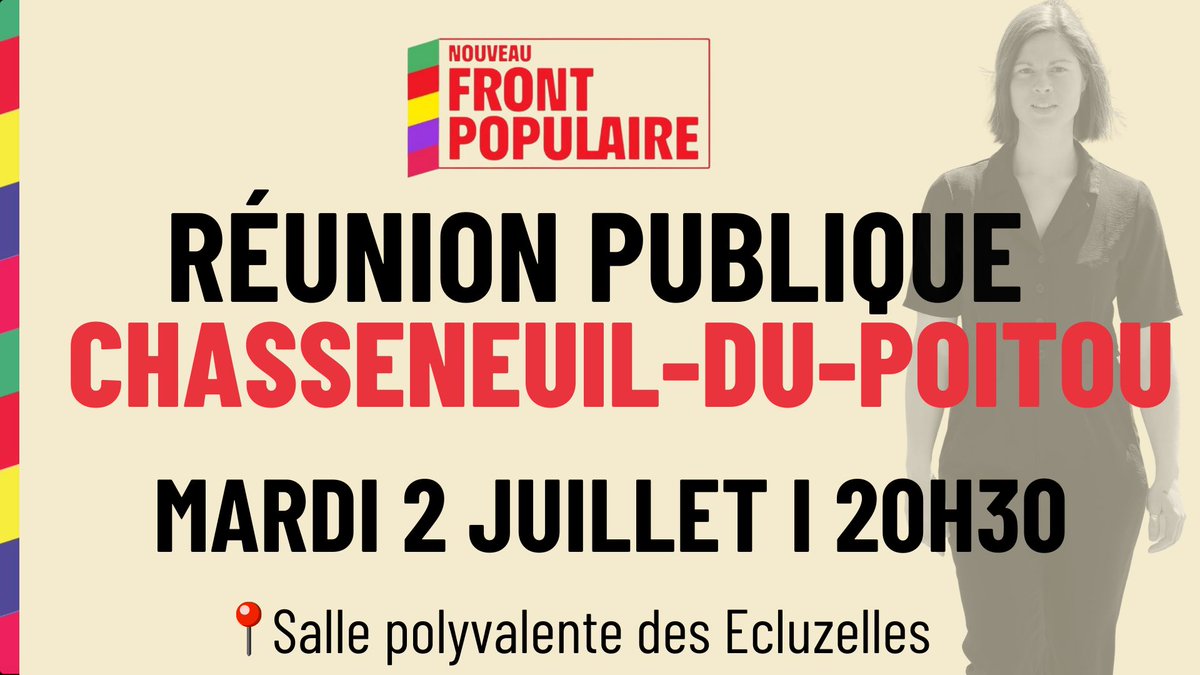 📢 Je vous invite à une réunion publique 𝗹𝗲 𝗠𝗮𝗿𝗱𝗶 𝟮 𝗷𝘂𝗶𝗹𝗹𝗲𝘁 à 20h30 à la Salle des Écluzelles à #ChasseneuilduPoitou. Mobilisons-nous contre le RN et défendons nos valeurs de liberté ! Votre présence est essentielle 🌟. #1èreCirconscription #Vienne #Liberté #NoToRN