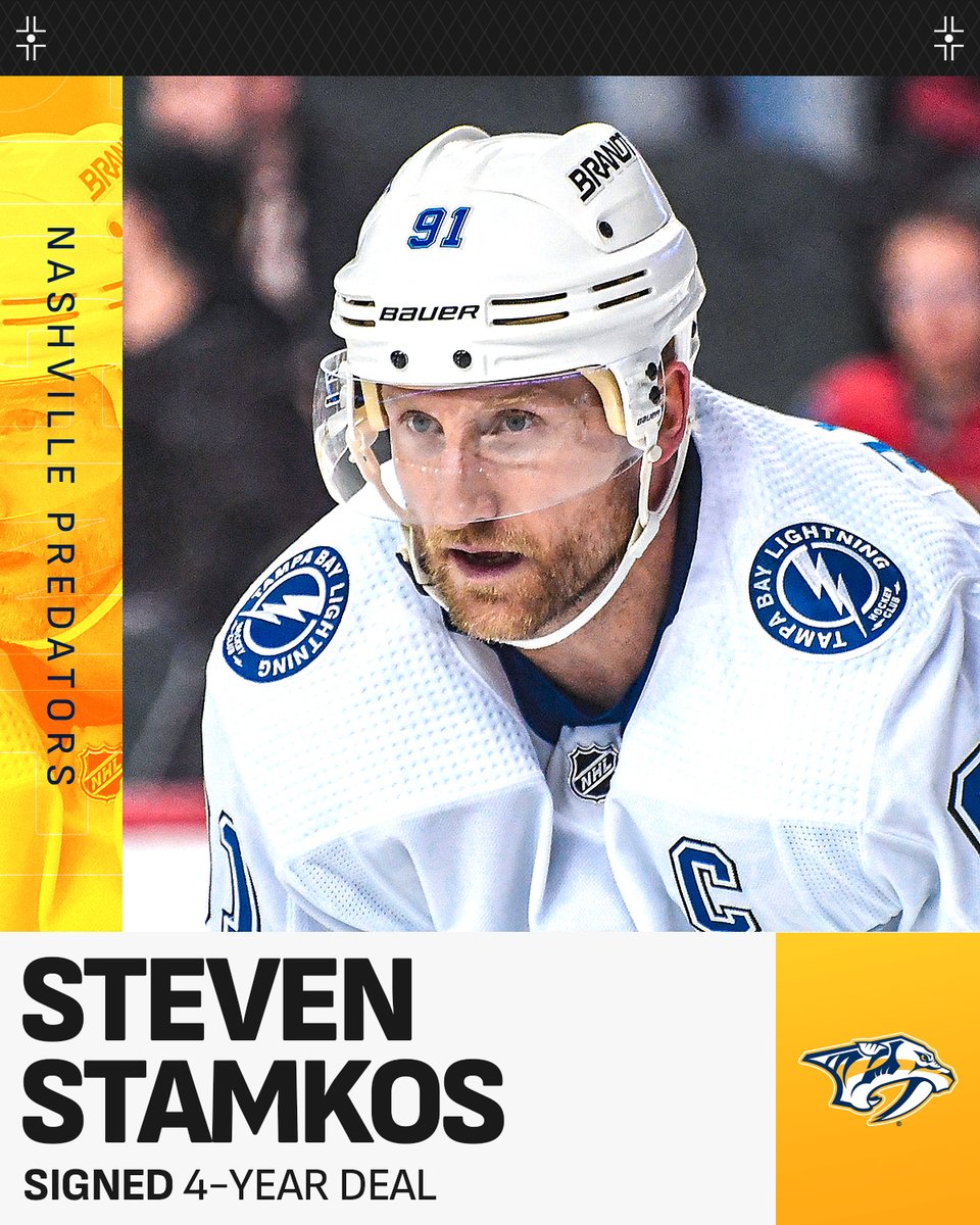 STAMKOS TO SMASHVILLE 🤠 #NHLFreeAgency 

Steven Stamkos has signed a four-year deal with the <a href="/PredsNHL/">Nashville Predators</a>!