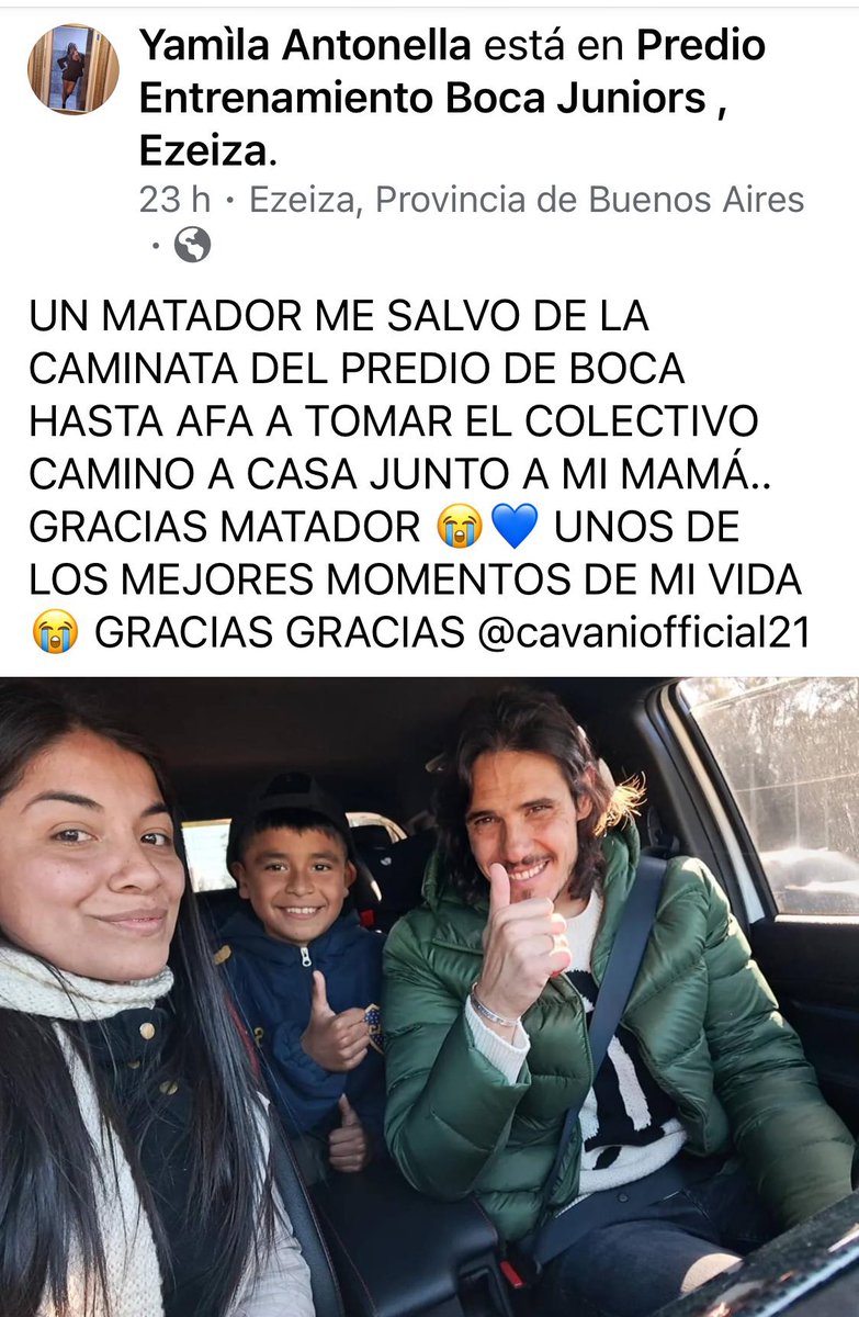 CRACK ADENTRO Y AFUERA 🫶

Edi Cavani vio a un niño de las formativas de Boca caminando junto a su mamá y los llevó en su auto. El niño le agradeció en redes.